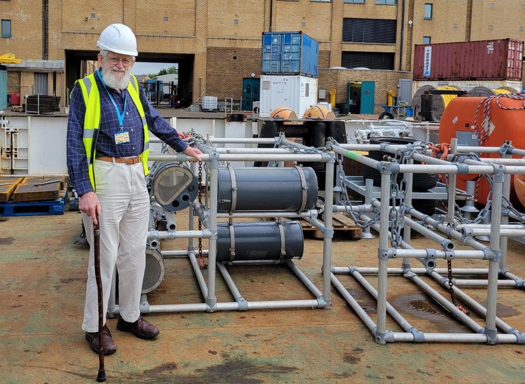 Mike, onboard the RRS James Cook, before it set sail for the 40th anniversary PAP expedition, with the amphipod traps we use today.