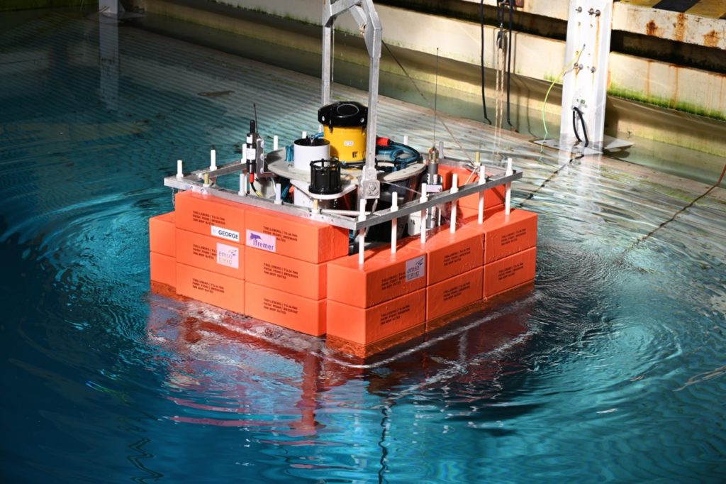 The EGIM lander during testing ahead of deployment in a water tank.