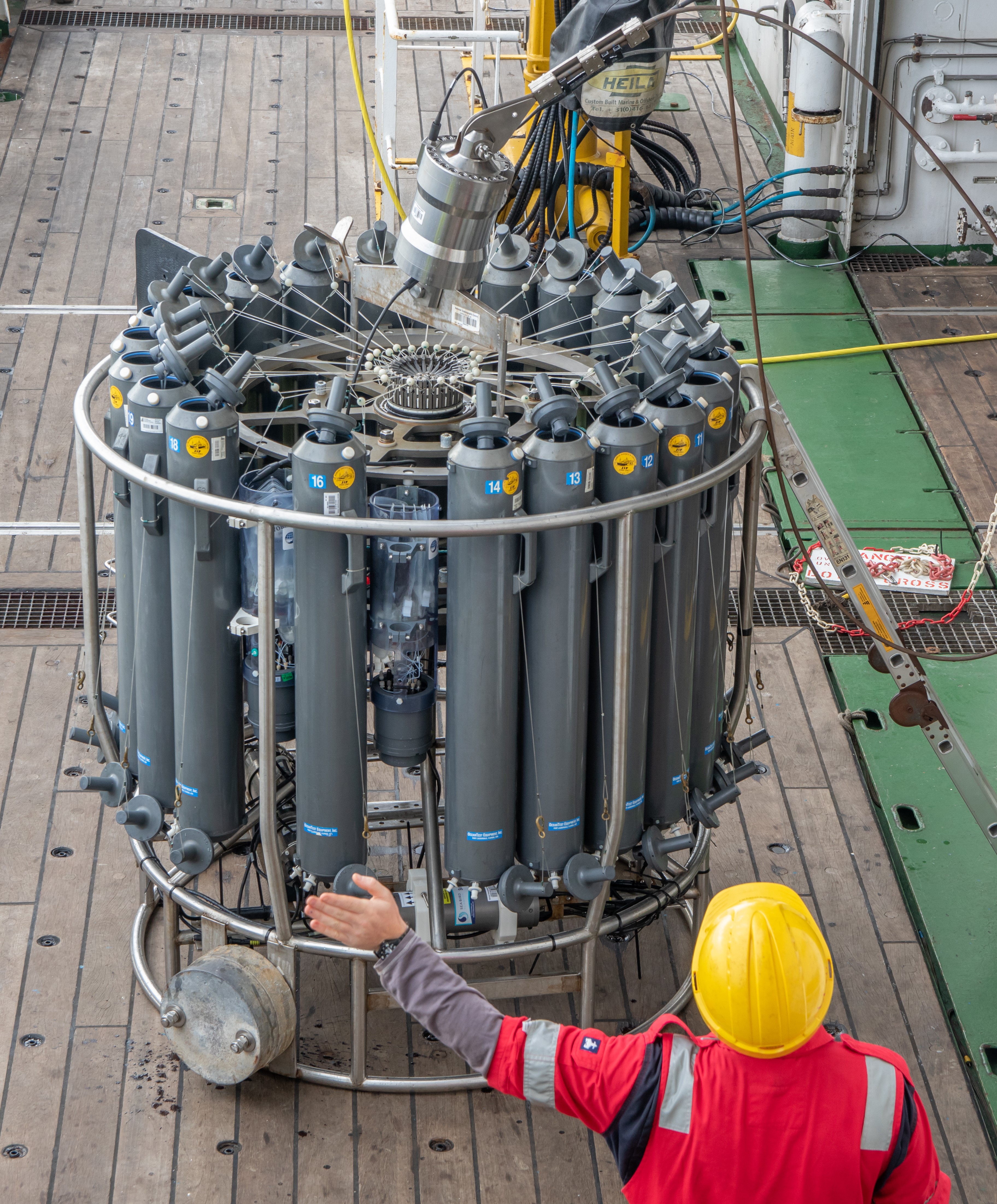 A modern CTD rosette on the RRS James Cook. 