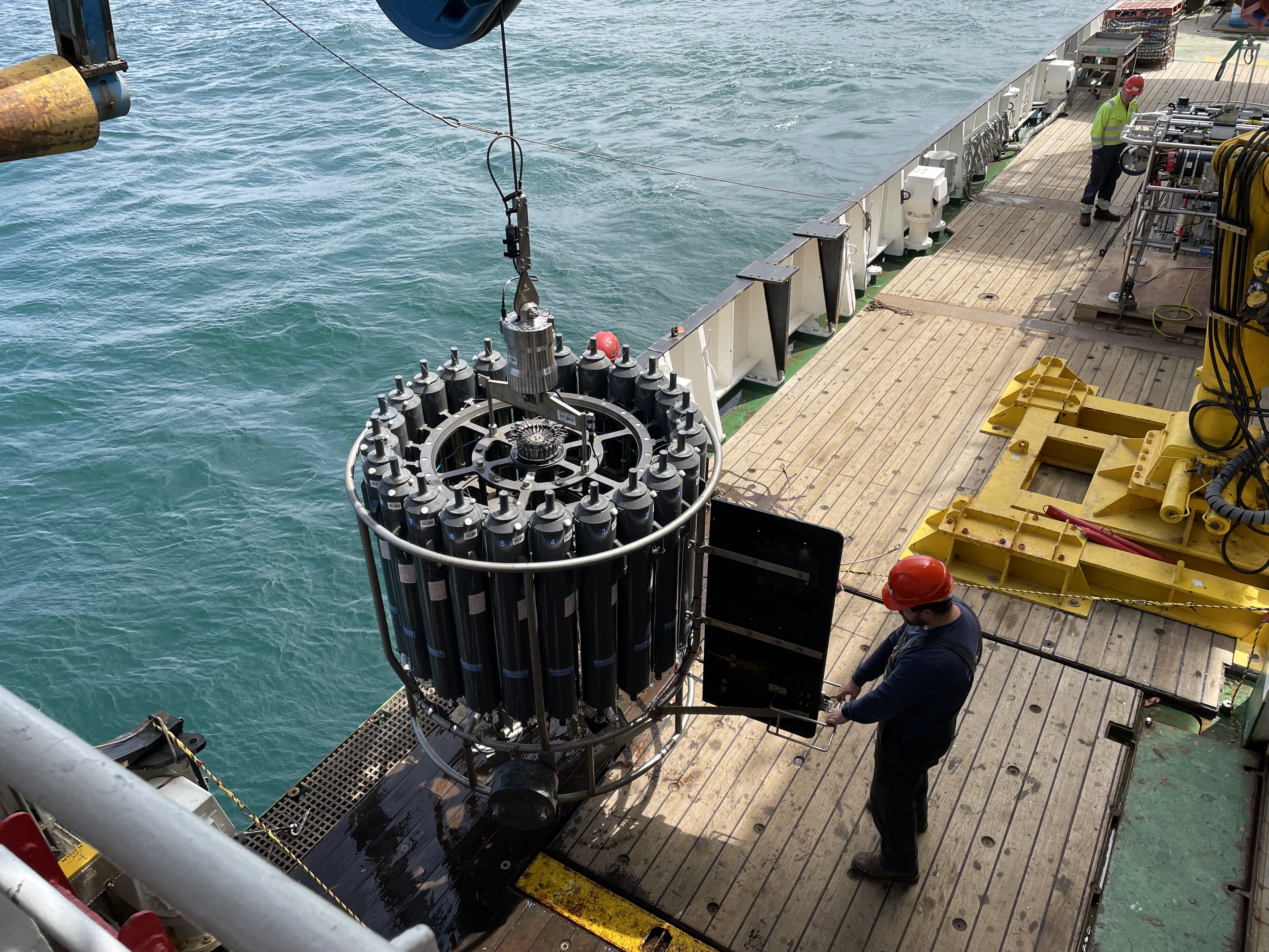 Deployment of a CTD rosette, a piece of oceanographic equipment